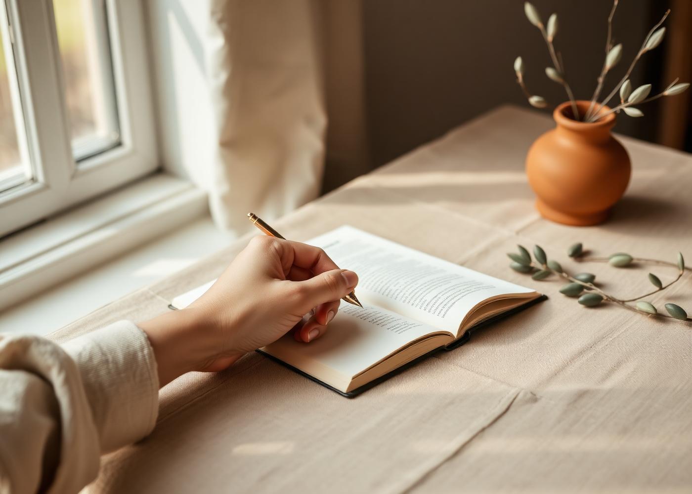 Una mano che scrive in un taccuino con luce naturale, accanto a un vaso di terracotta con rametti d'ulivo